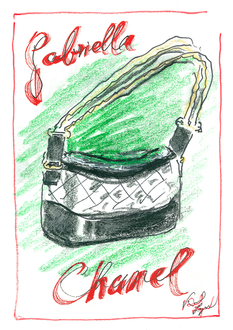 由品牌全創意總監Karl Lagerfeld手繪GABRIELLE de CHANEL包的彩圖草稿。
